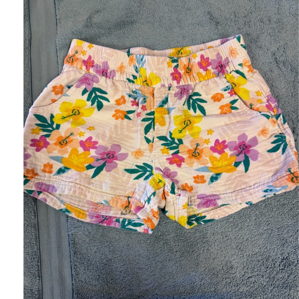 Cat & Jack Girls Floral Gauze Shorts Pink Yellow Hibiscus Tropical Size M 8